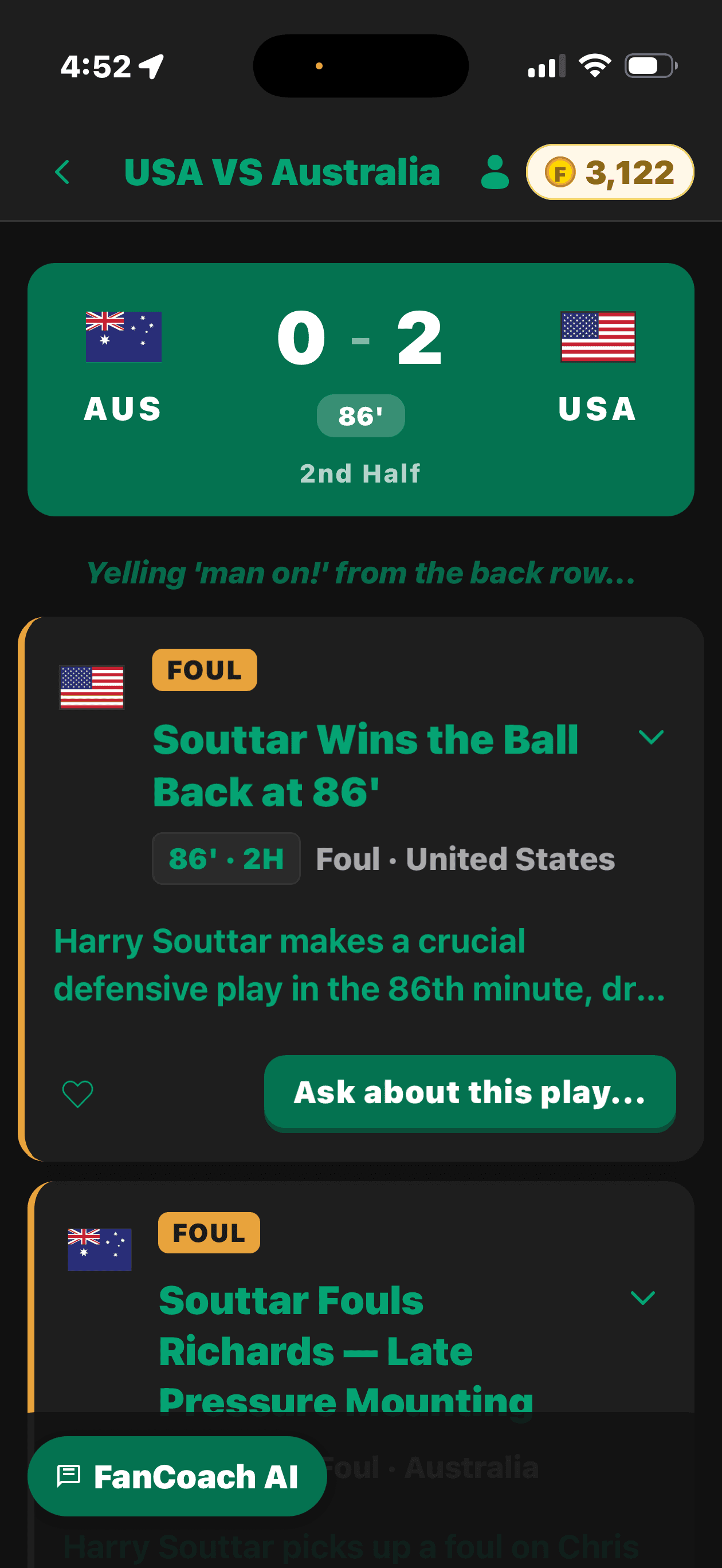FanCoach play-by-play feed explaining a soccer match